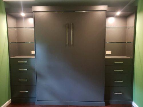 Graphite Wall Bed with LED Lights and Glass Shelves